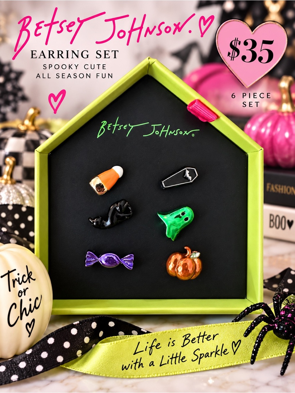Betsey Johnson Halloween Earring Set — Green, Orange, Black, Purple, Gold, White